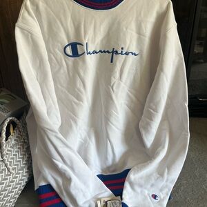 NWOT Medium Champion White Sweatshirt with Blue and Red Trim